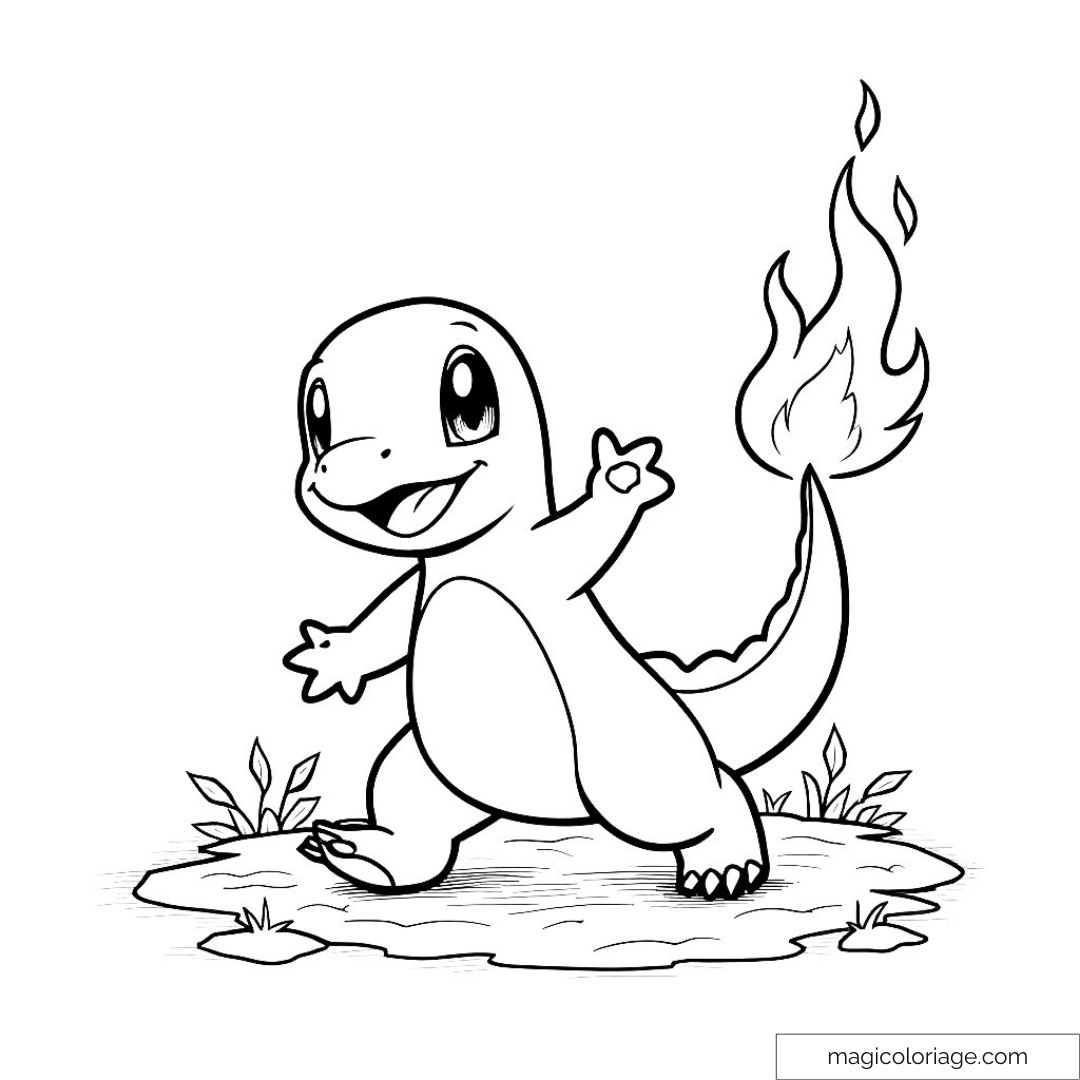 Charmander souriant avec flamme sur la queue à colorier.