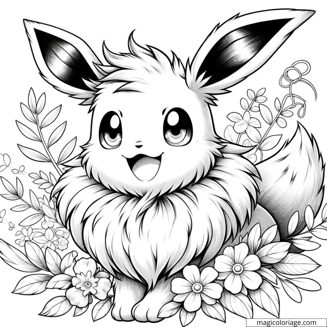 Coloriage d'Évoli avec des fleurs autour de lui à imprimer
