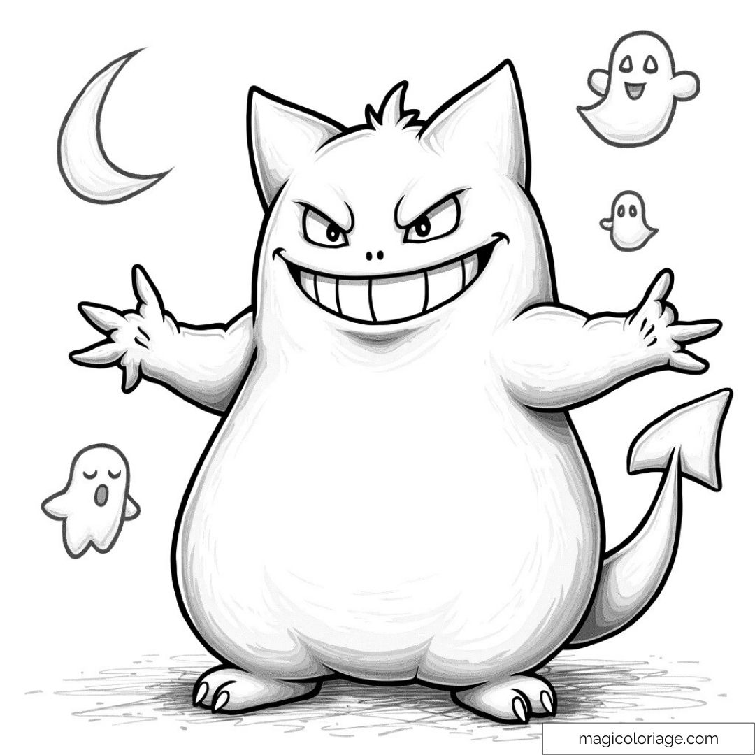 Coloriage Gengar avec lune et petits fantômes souriants.