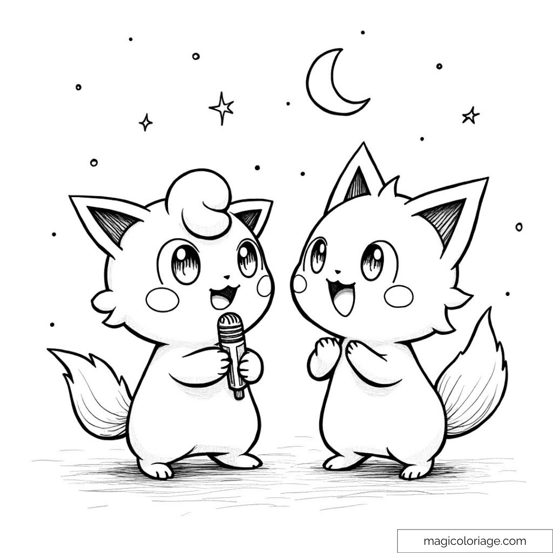 Jigglypuff et Eevee chantant sous un ciel étoilé