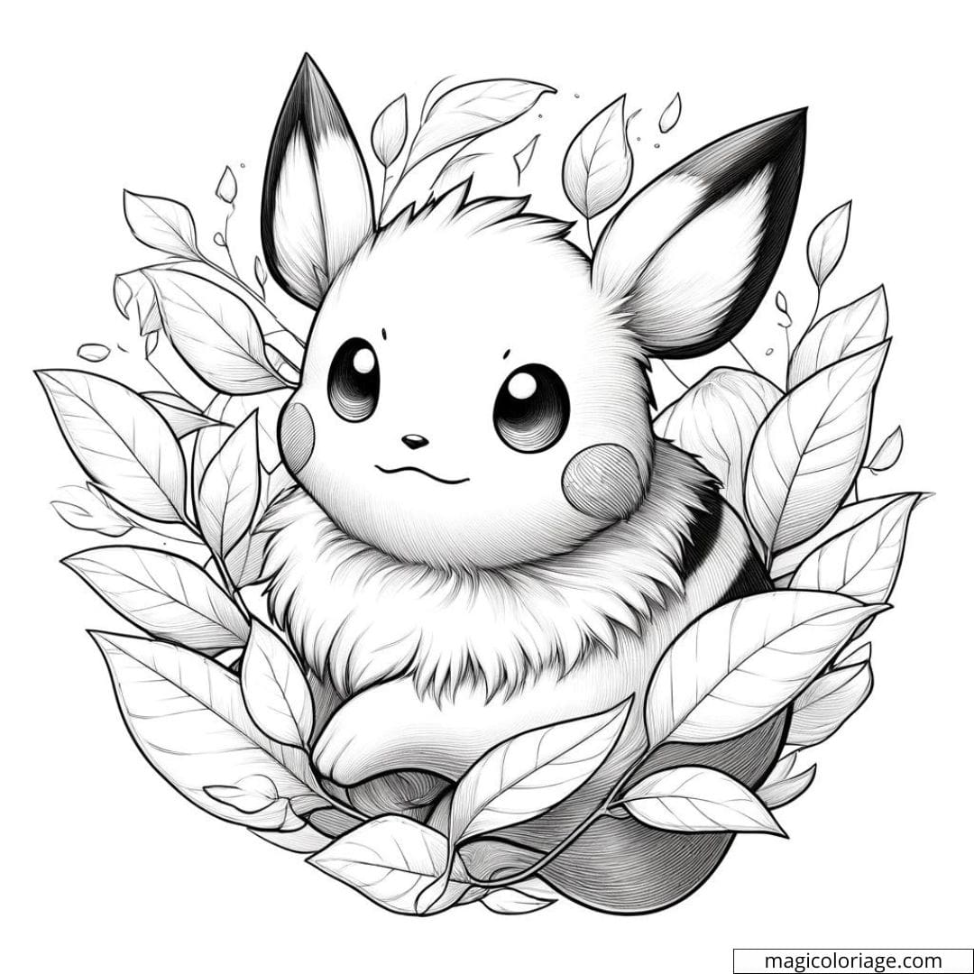 Coloriage de Pikachu entouré de feuilles à imprimer