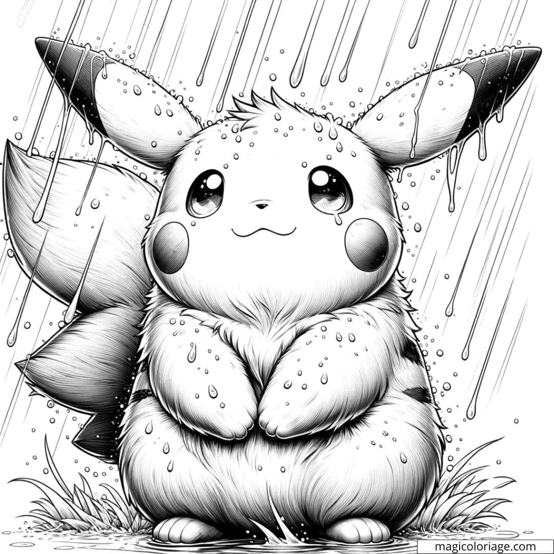 Coloriage de Pikachu sous la pluie à imprimer