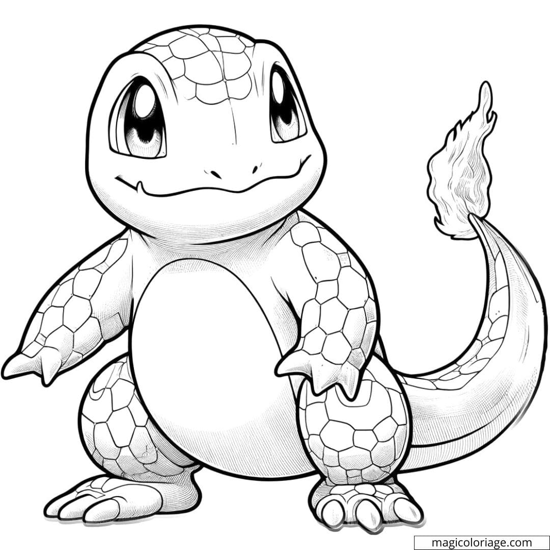 Coloriage de Salamèche réaliste à imprimer, dessin de Pokémon avec des écailles texturées pour enfants