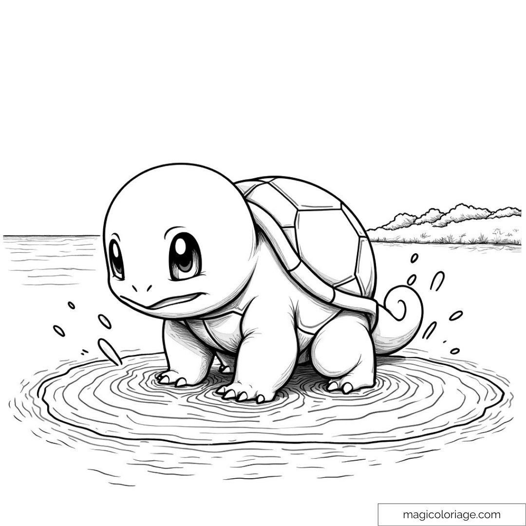 Illustration de Squirtle éclaboussant dans l'eau près du rivage