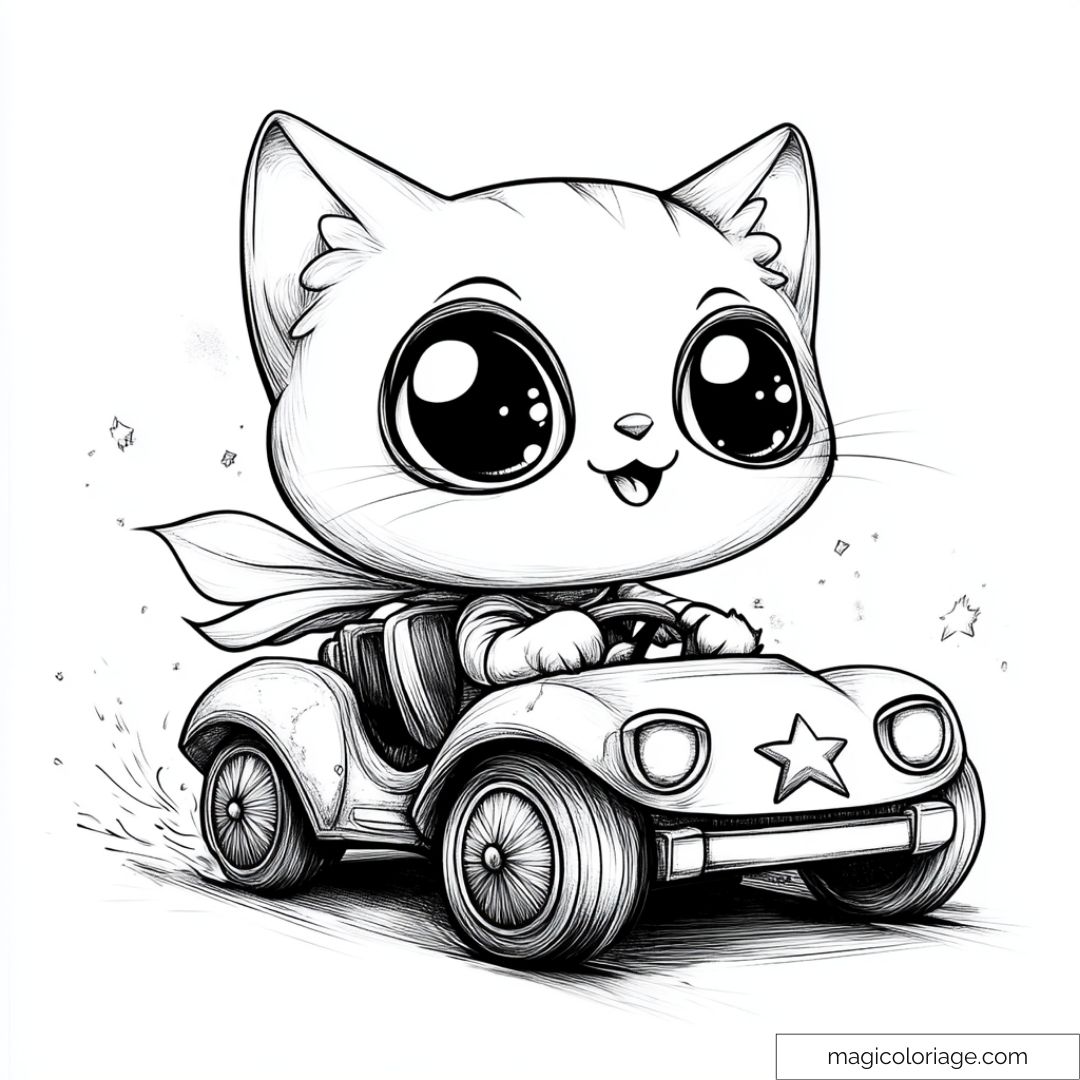 Chaton mignon conduisant une petite voiture avec une étoile.
