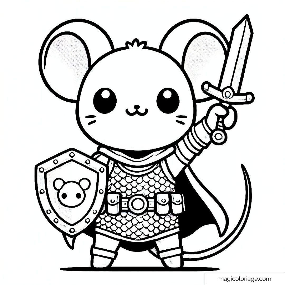 Souris habillée en chevalier avec épée et bouclier prête à colorier.