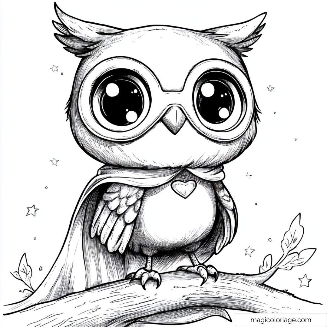 Dessin à colorier d'une chouette super-héros avec cape et lunettes