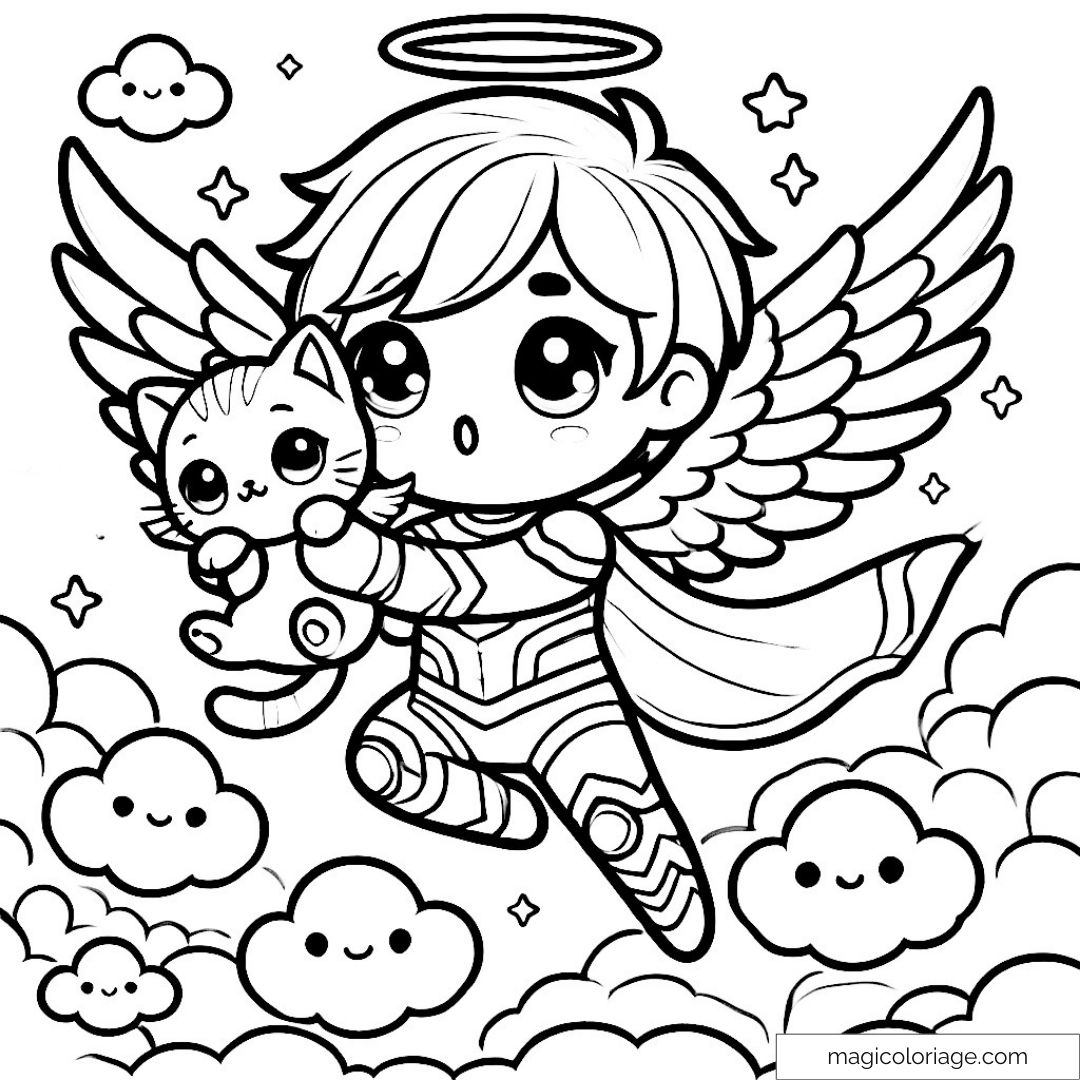 Ange mignon avec chaton volant et nuages souriants