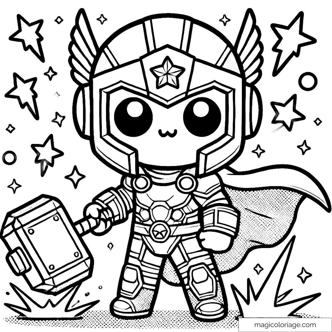 Dessin de Thor Kawaii avec marteau et étoiles à colorier.
