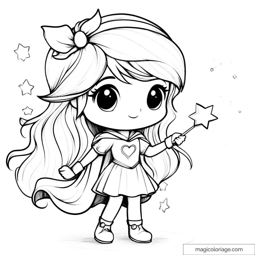 Dessin de fée chibi avec baguette magique et étoiles à colorier