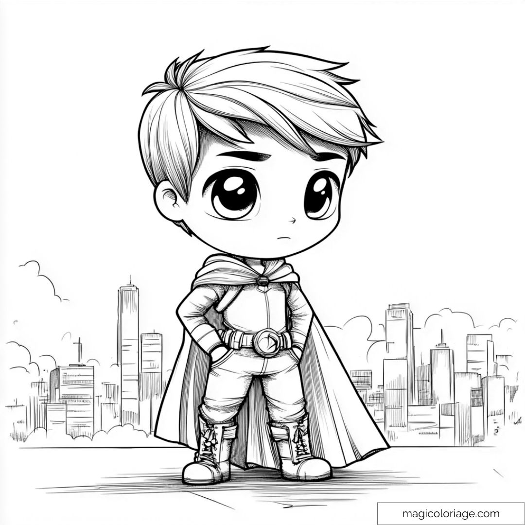 Super-héros chibi adorable devant la silhouette d'une ville