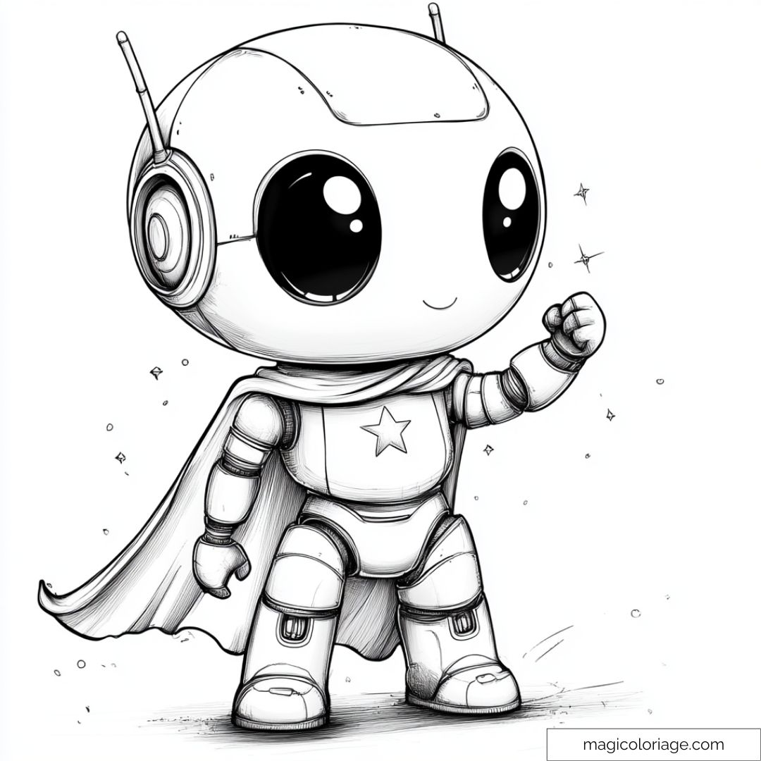 Un robot mignon avec une cape préparé pour le coloriage