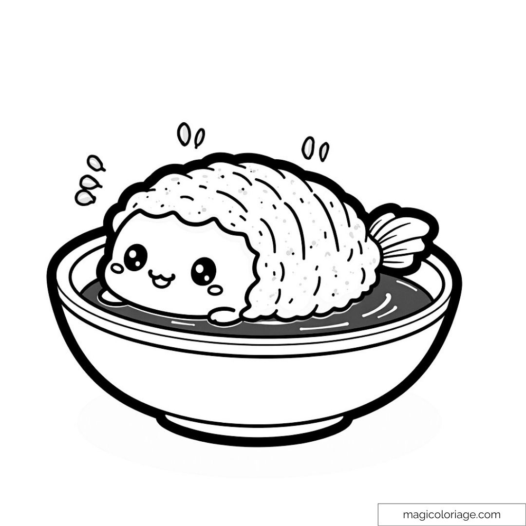 Sushi kawaii avec un visage souriant dans un bol à colorier.