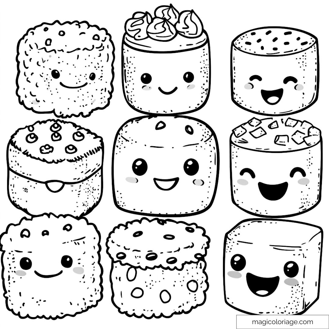 Dessins mignons de desserts kawaii avec visages souriants