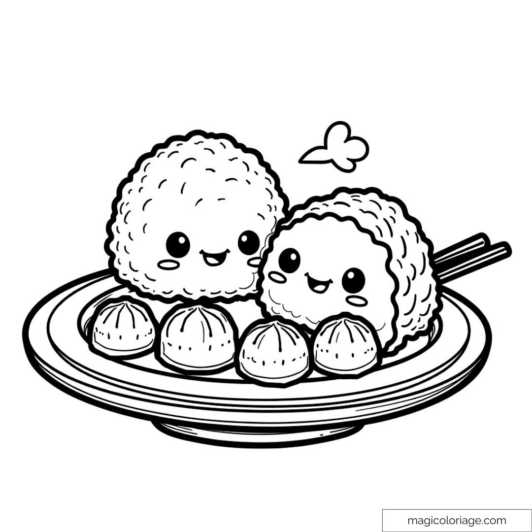Dessin de boulettes kawaii souriantes sur une assiette avec des baguettes.