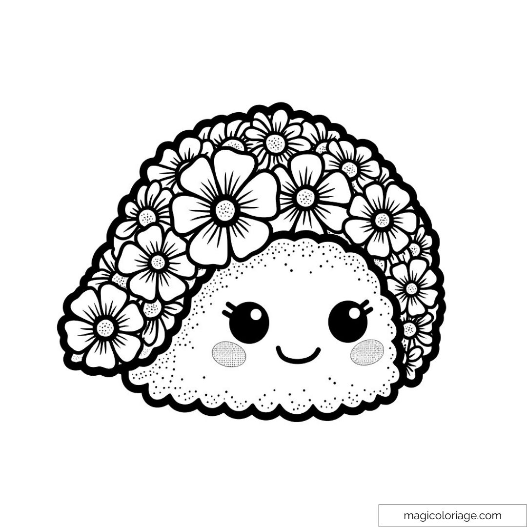 Dessin de sushi kawaii avec fleurs souriant