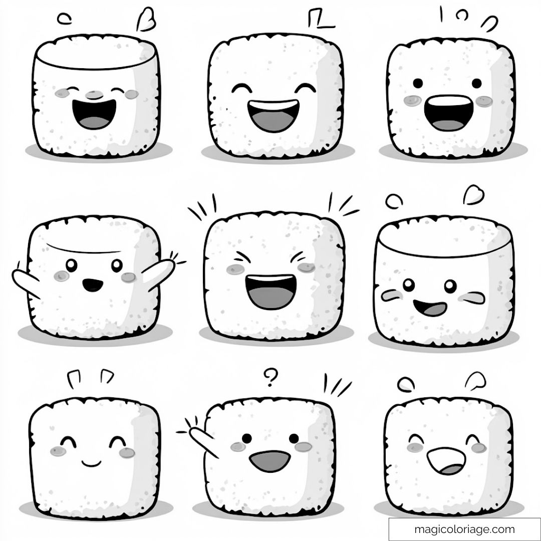 Neuf personnages kawaï en forme de riz
