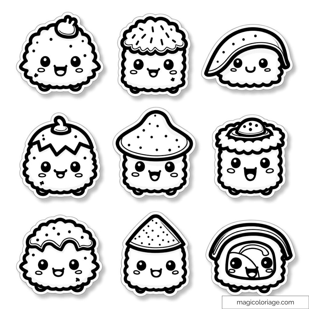 Sushis kawaii avec expressions mignonnes à colorier