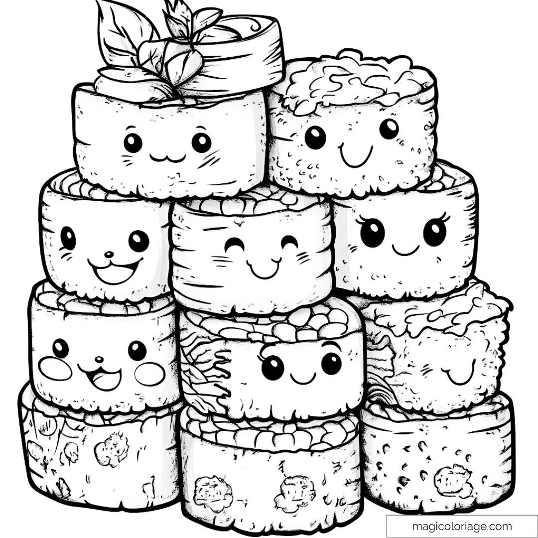 Dessin de sushis kawaii à colorier