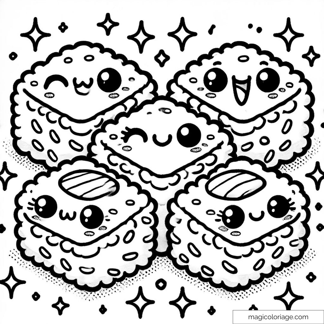Dessin kawaii de sushis souriants entourés d'étoiles.