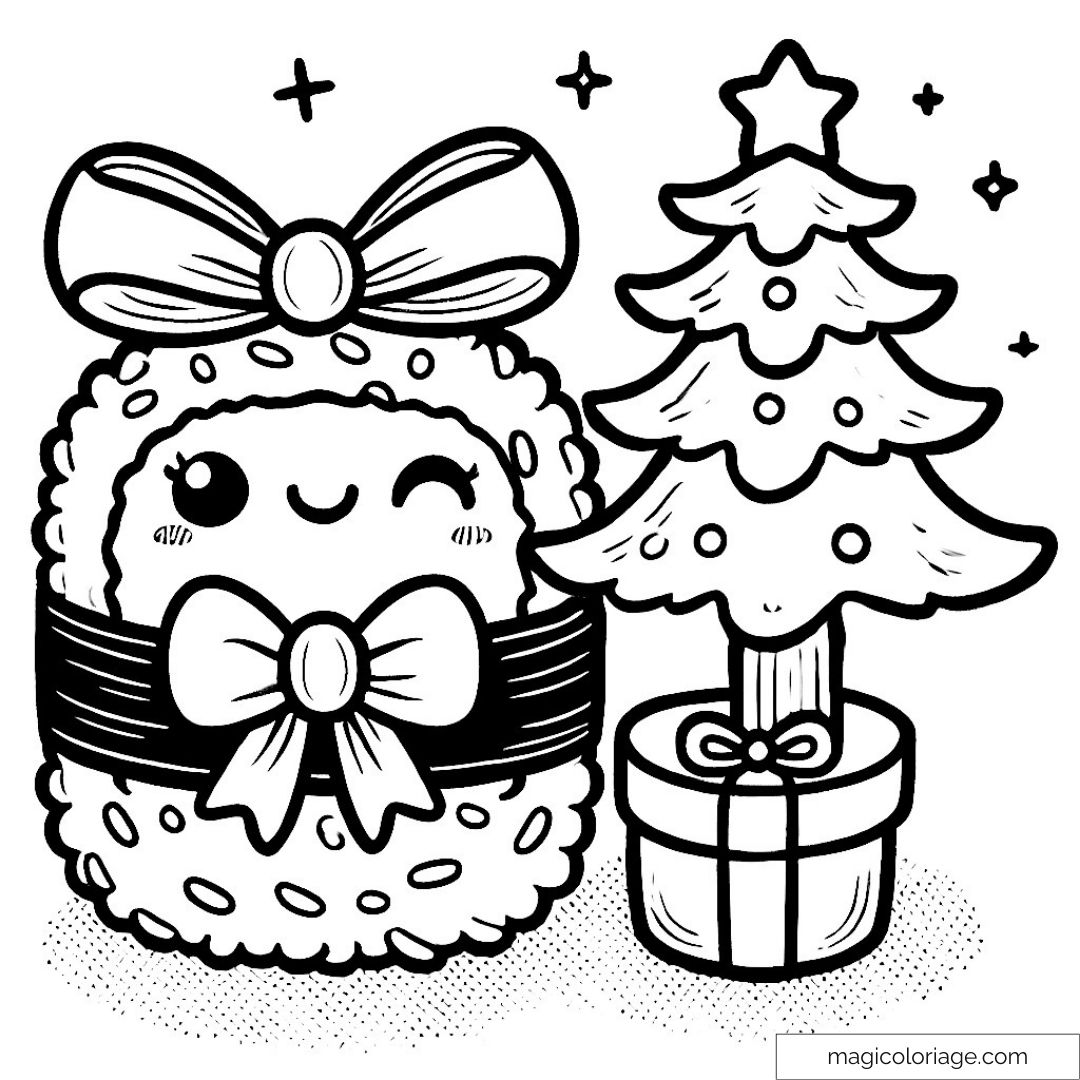 Dessin de sushi kawaii et sapin de Noël à colorier