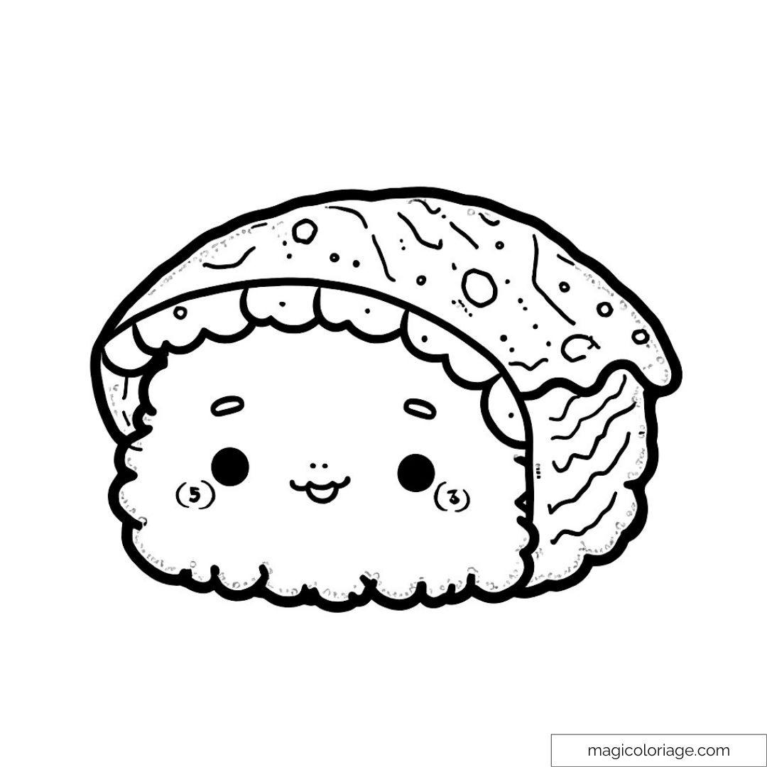 Sushi mignon à colorier avec un visage souriant et des détails kawaii.