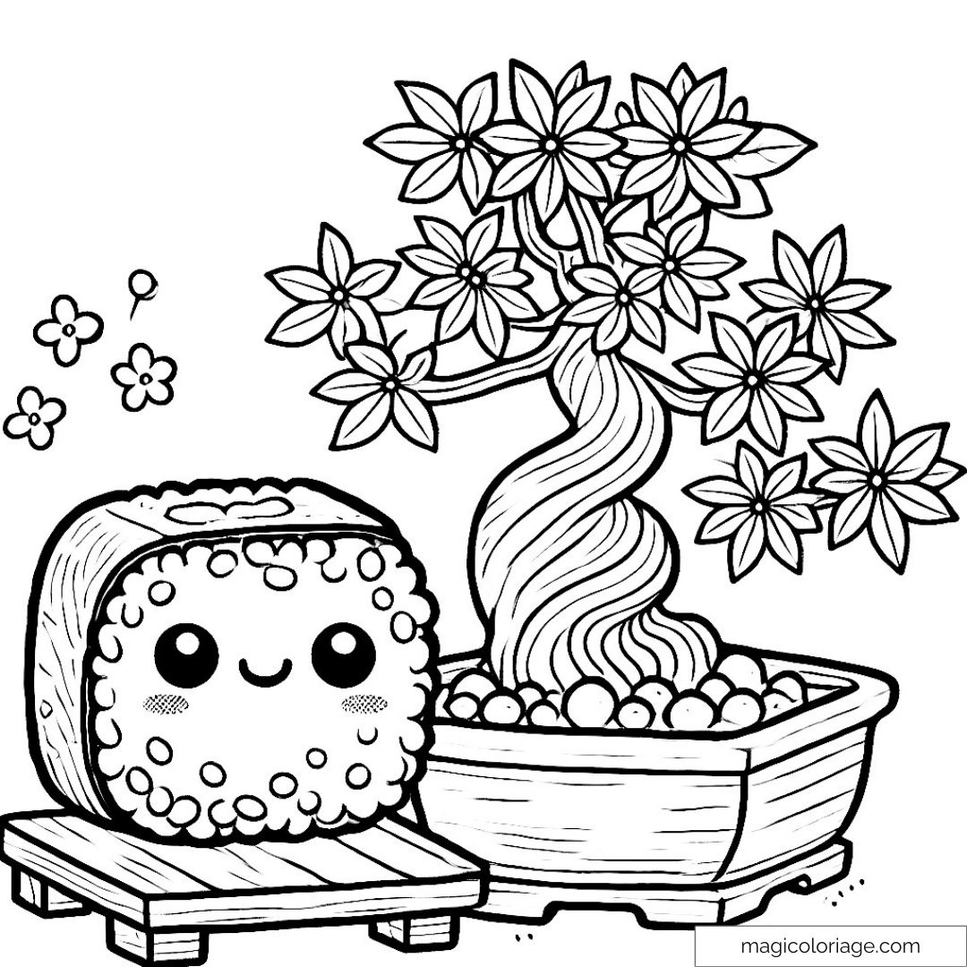 Dessin d'un sushi kawaii avec un bonsai souriant en pot.