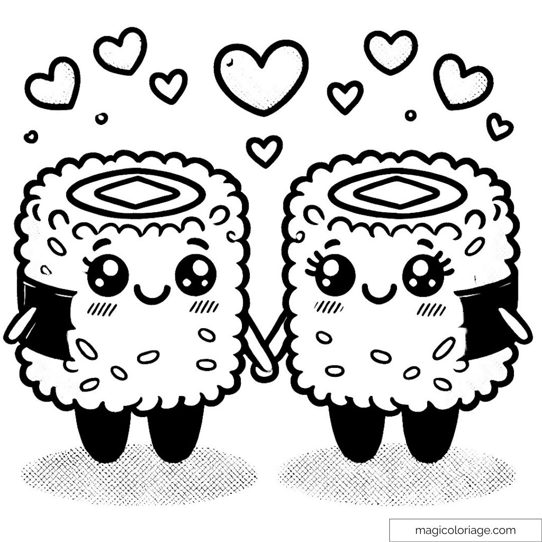 Deux sushis kawaii mignons se tenant la main avec des cœurs flottants.