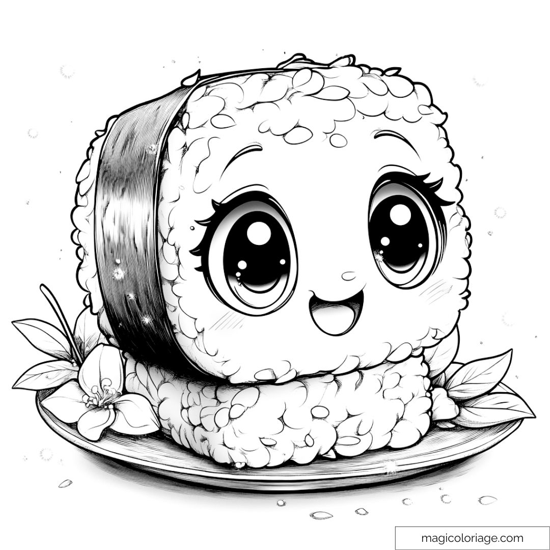 Dessin kawaii d'un sushi souriant aux grands yeux écarquillés.