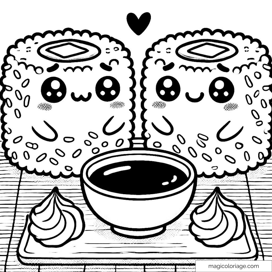 Dessin de sushis kawaii avec bol de sauce et cœur