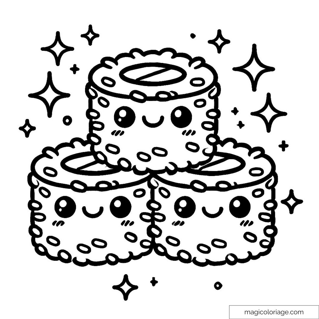 Dessin de sushis kawaii avec des visages souriants entourés d'étoiles.