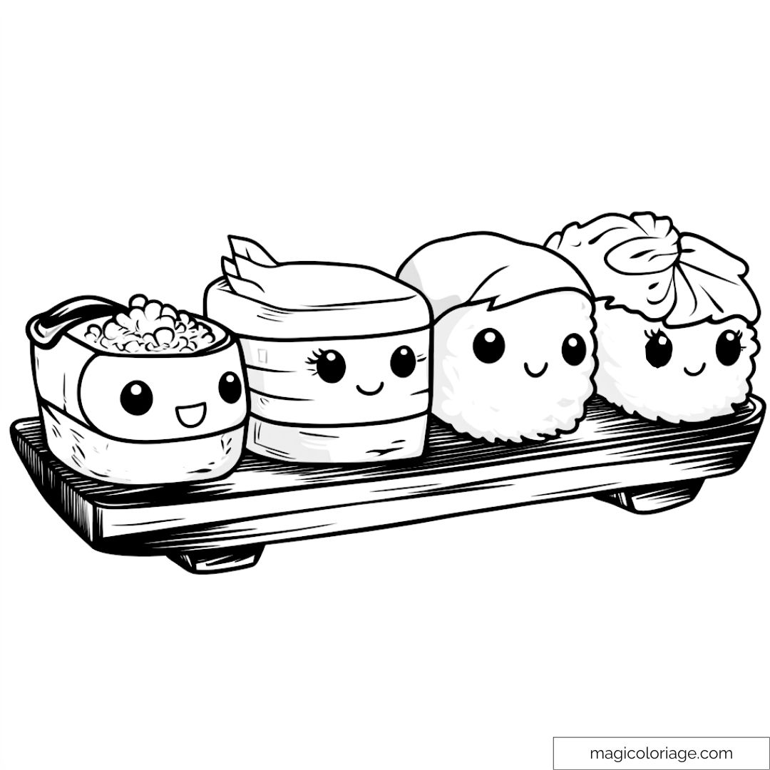 Dessin de sushis kawaii avec visages souriants sur plateau.