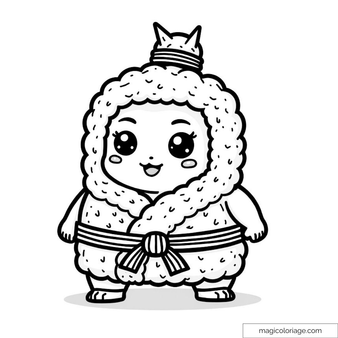 Coloriage personnage kawaii avec tenue duveteuse et souriant