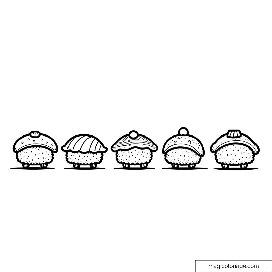 Adorables muffins en rangée à colorier pour enfants et adultes
