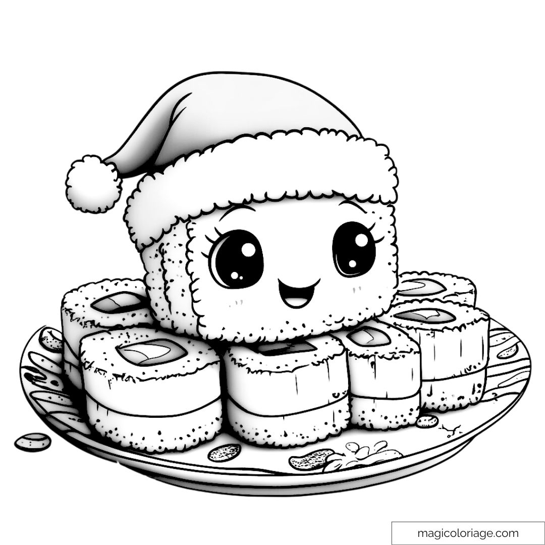 Image d’un sushi festif avec visage joyeux et bonnet de Noël à colorier