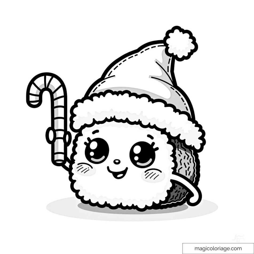 Dessin d'un sushi de Noël avec chapeau et sucre d'orge joyeux.