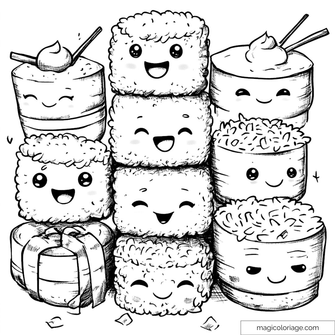 Dessin de sushis mignons avec des visages souriants pour enfants.