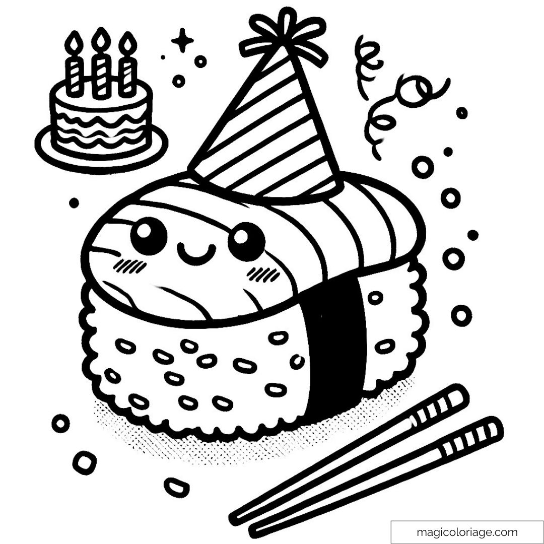 Dessin de sushi kawaii avec chapeau de fête et gâteau d'anniversaire