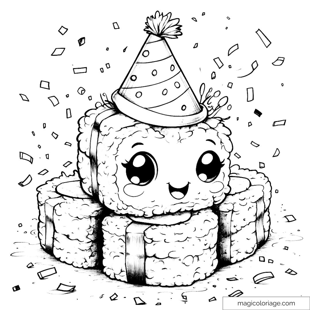 Adorable sushi en party hat entouré de confettis à colorier.