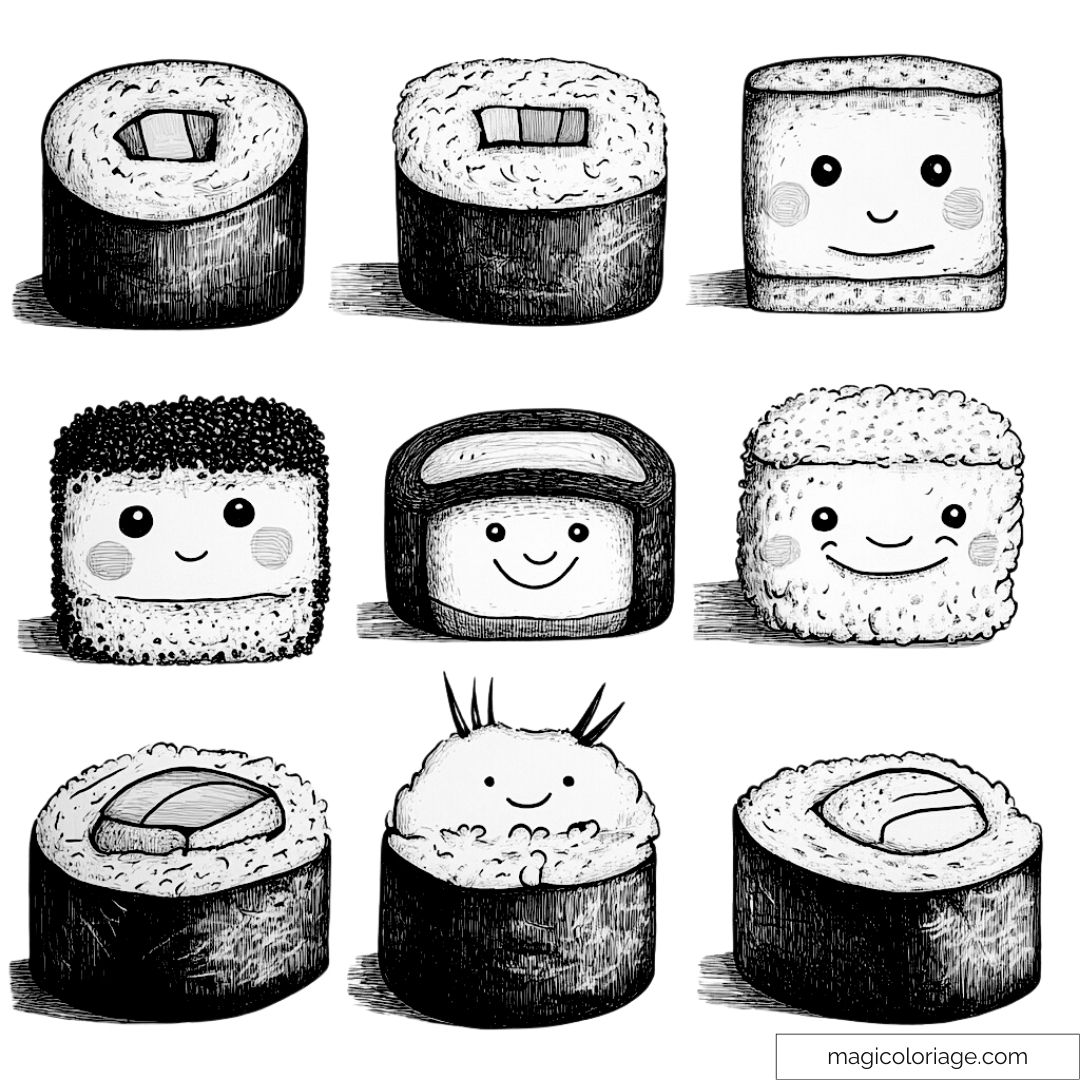 Image de sushis kawaii à colorier avec expressions joyeuses et détails amusants.