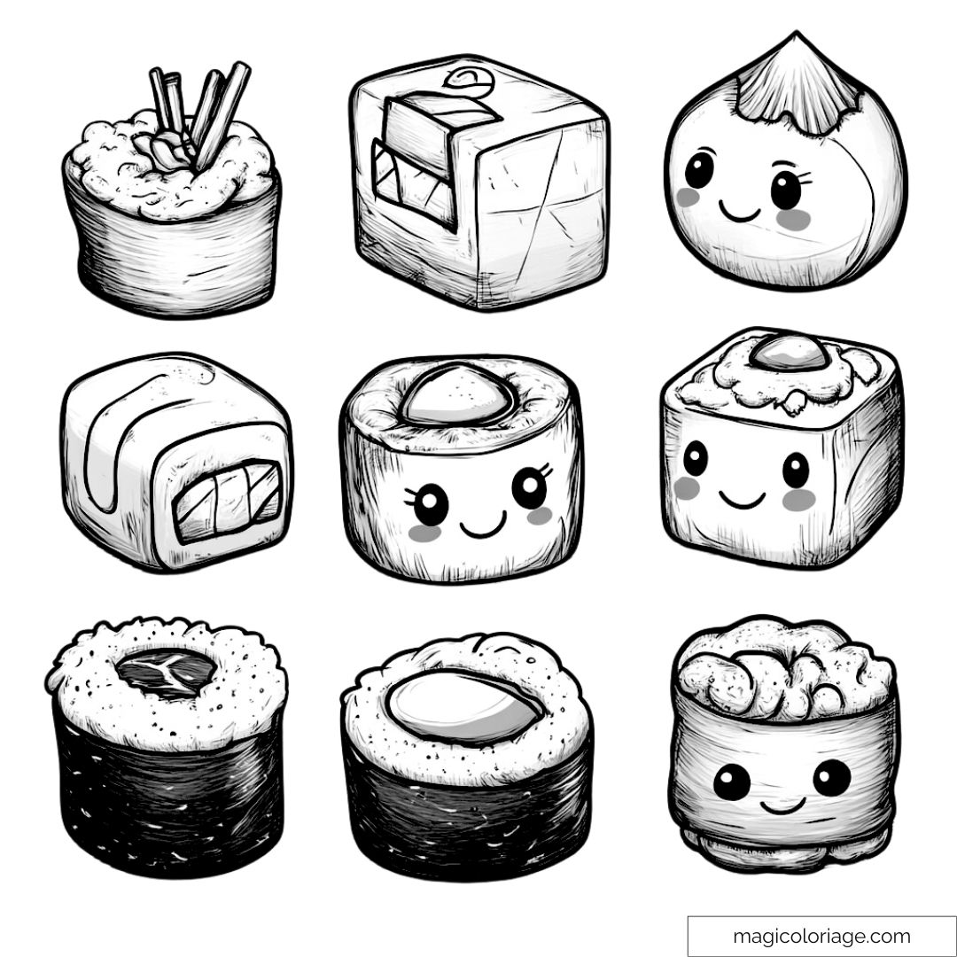 Dessin de sushis kawaii mignons à colorier pour enfants