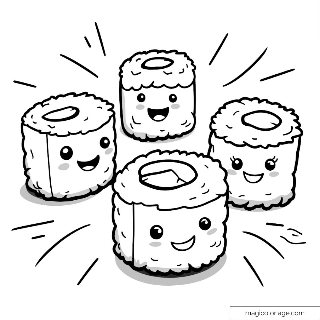 Coloriage de sushis kawaii avec visages souriants.