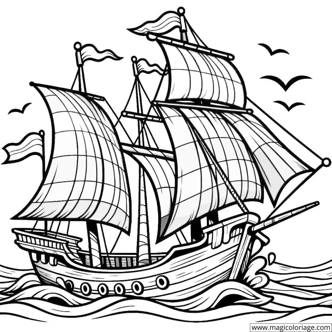 Coloriage d'un bateau avec des voiles colorées