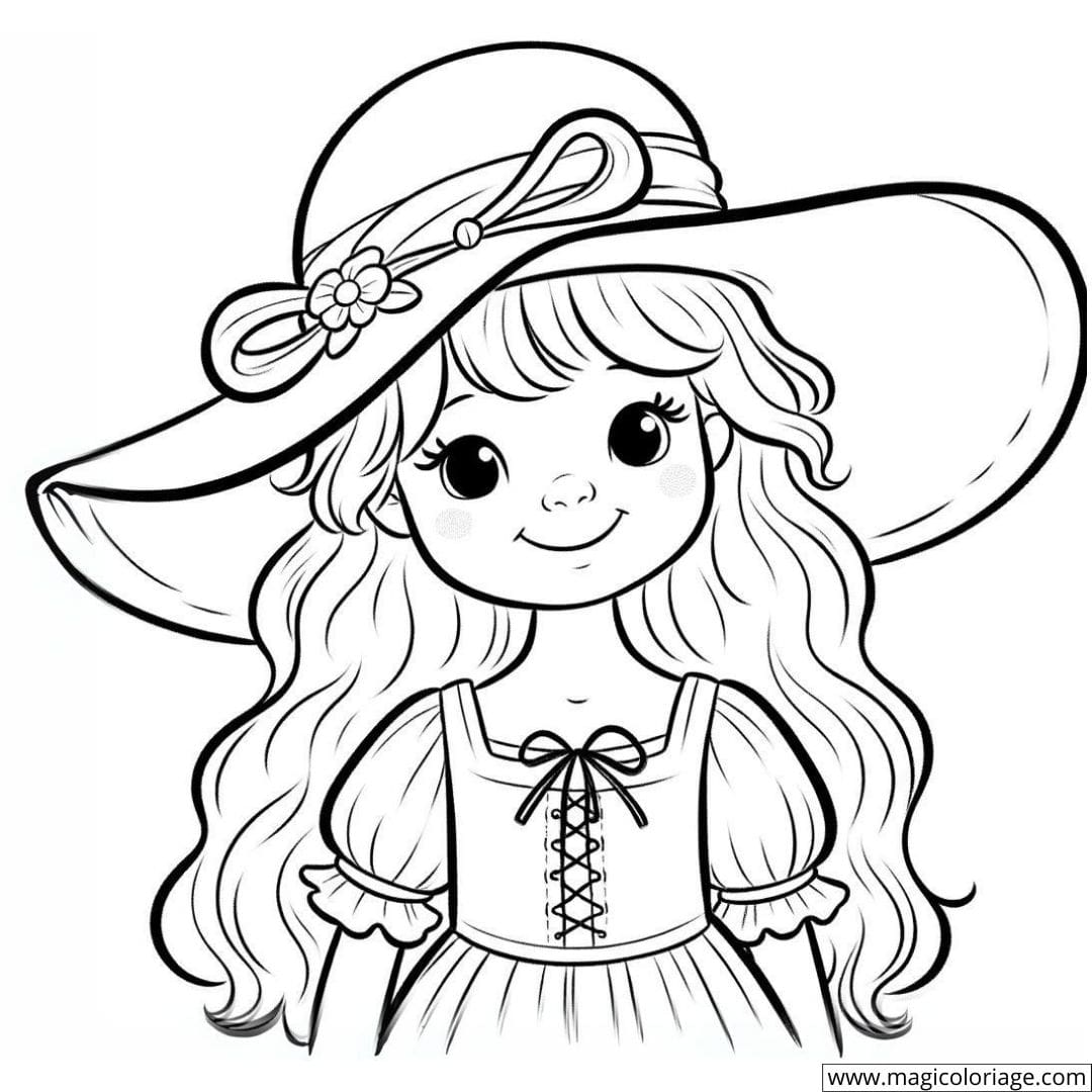 Fille souriante avec un grand chapeau à colorier