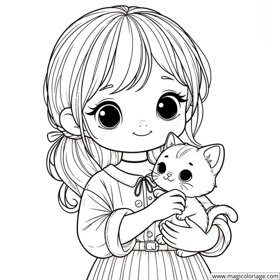 Fille et son chaton en attente de couleurs