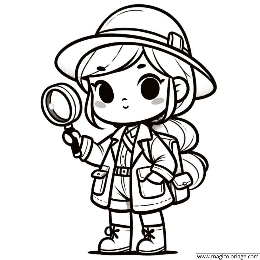 Fille explorateur avec une loupe à colorier