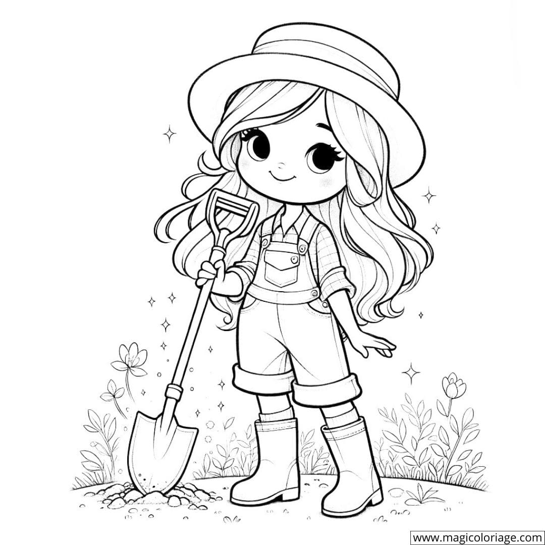 Fille jardinier avec une petite pelle prête à colorier