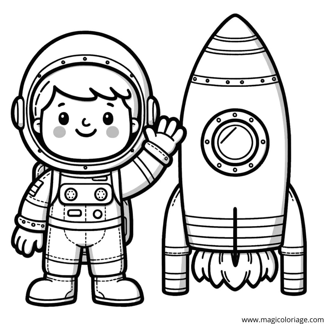 Coloriage fusée avec astronaute souriant