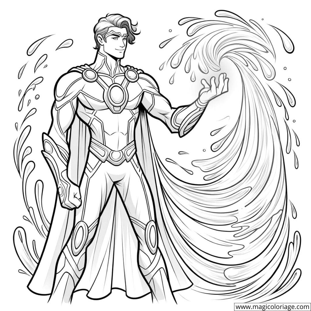 Dessin à colorier du Super-héros L'Aquarius, commandant de l'eau, pour enfants