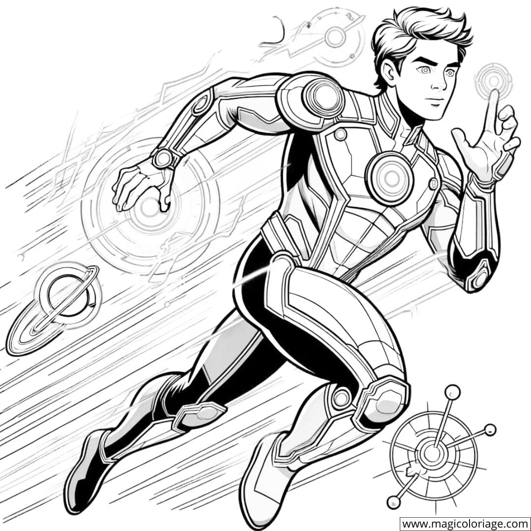 Dessin à colorier du Super héros Saut Quantique, téléportation instantanée, pour enfants